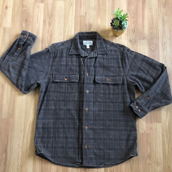Ryan Michael Shirt Plaid Men's Button-Up Brown Textured  Mens SZ MED Silk/Cotton - Picture 1 of 6